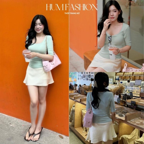 Set áo cổ vuông tay lửng xanh hotrend kèm chân váy lụa đơn giản tiểu thư Hum Fashion