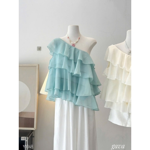 Áo lệch vai bèo tầng nhún xinh màu xanh tiffany blue hotrend Hum Fashion