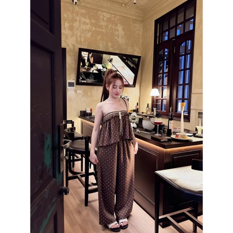 Set 2 dây dáng xoè chấm bi kèm quần suông, set bộ hai dây babydoll nhún ngực Hum Fashion