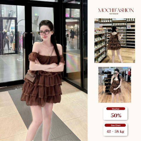 Váy nữ dáng ngắn trễ vai xinh xắn, váy nữ nhiều tầng đi chơi đi dạo phố