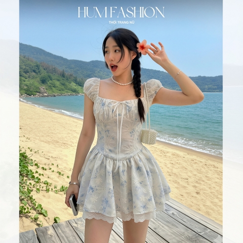 Đầm ngắn hoa xanh dáng xoè tay phồng, váy thêu hoa dáng ngắn bồng xoè chun lưng đi chơi HUM FASHION
