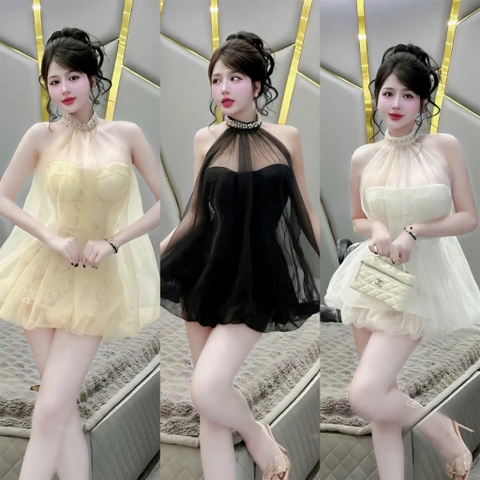 Váy đầm tiểu thư công chúa chất tơ bồng xoè xinh xắn, Váy cổ đính đá sang chảnh