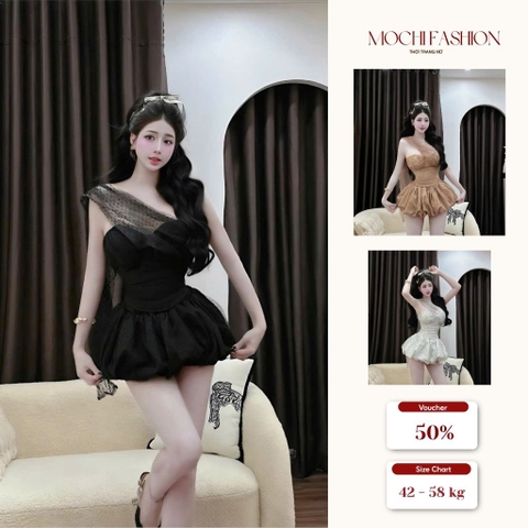 Váy cúp ngực chấm bi phối tơ vạt chéo, Đầm nữ tiểu thư sang chảnh bồng xoè
