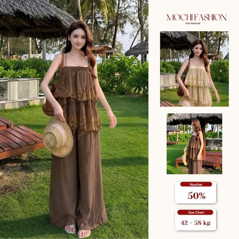 Set bộ nữ áo 2 tầng phối ren kèm quần ống suông tôn dáng, thanh lịch đi chơi dạo phố