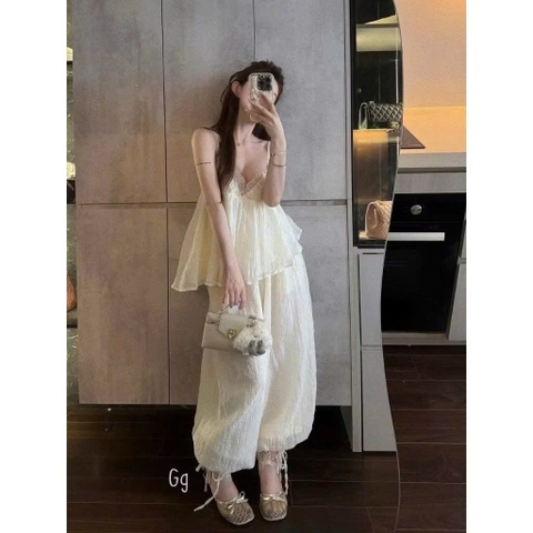 Set bộ nữ áo 2 dây bồng bềnh phối quần ống thụng cá tính, bộ nữ tiểu thư xinh xắn đi chơi