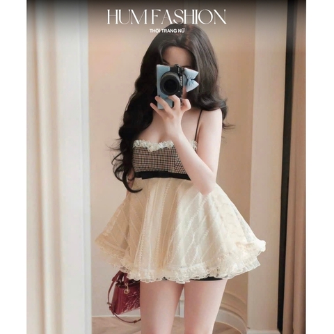 Sét Đồ nữ Áo 2 dây dáng xòe phối bèo xinh, áo hai dây babydoll phối cúp ngực kẻ caro  tiểu thư Hum Fashion Kèm Quần Shor