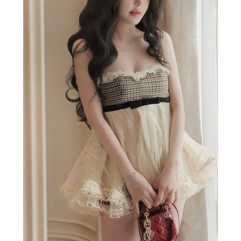 Sét Đồ nữ Áo 2 dây dáng xòe phối bèo xinh, áo hai dây babydoll phối cúp ngực kẻ caro  tiểu thư Hum Fashion Kèm Quần Shor
