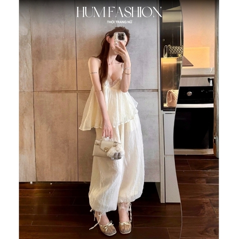 Set áo 2 dây kèm quần bo ống, set bộ áo hai dây babydoll phối ren  kèm quần dài bo gấu thắt dây voan tơ tằm Hum Fashion