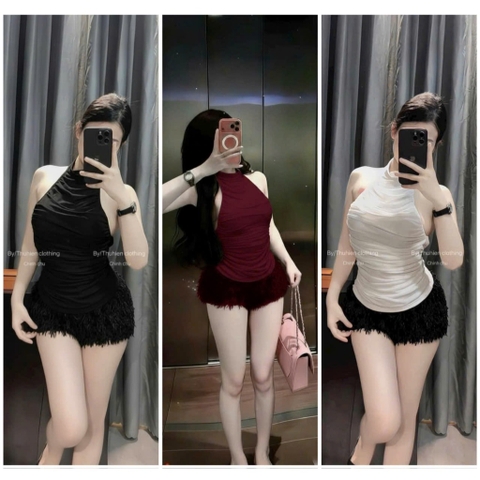 Set áo yếm lưới dây lưng phối quần short lông vũ chuẩn form tôn dáng trẻ trung