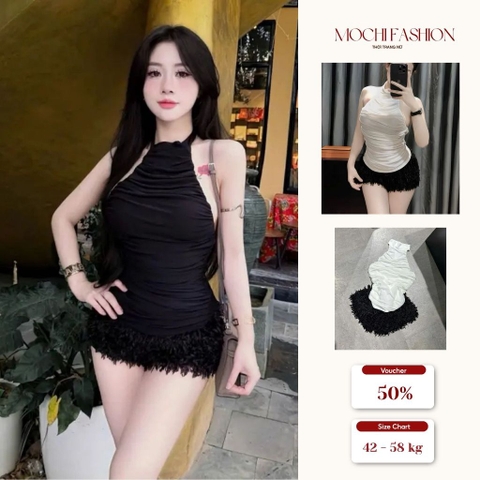 Set áo yếm lưới dây lưng phối quần short lông vũ chuẩn form tôn dáng trẻ trung