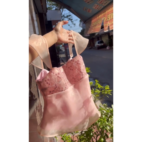 Áo kiểu 2 dây voan tơ thêu hoa dáng xòe màu hồng tiểu thư Hum Fashion