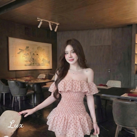 Váy trễ vai nữ họa tiết hoa dệt bồng bềnh, đầm nữ chiết eo tôn dáng phong cách tiểu thư
