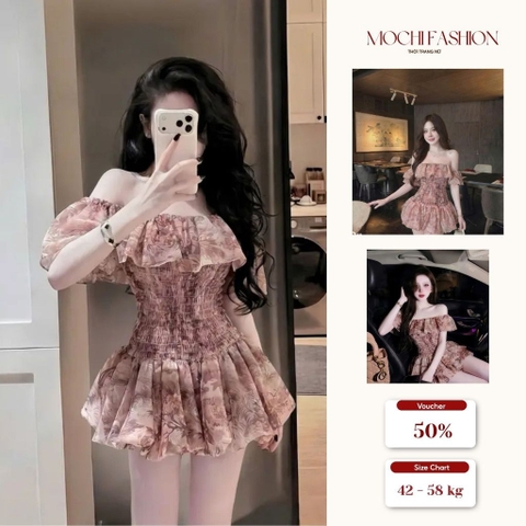 Váy trễ vai nữ họa tiết hoa dệt bồng bềnh, đầm nữ chiết eo tôn dáng phong cách tiểu thư