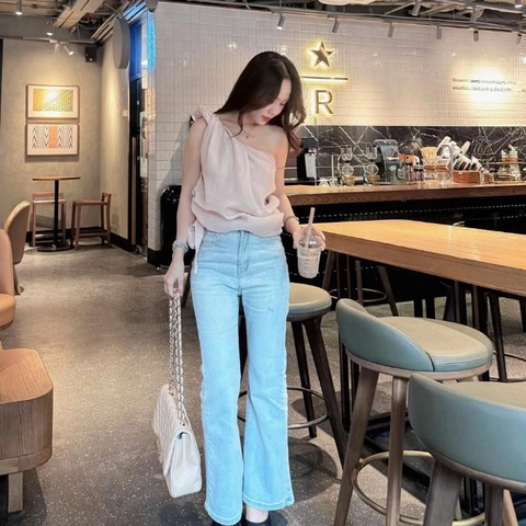 Áo kiểu nữ voan xoắn lệch vai thắt nơ eo tiểu thư, Áo trễ vai thanh lịch dạo phố mùa thu