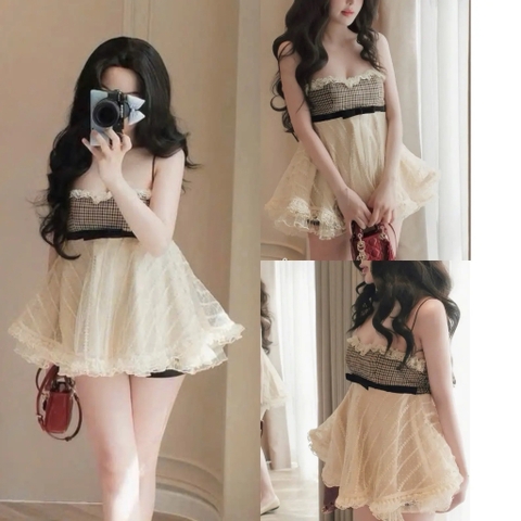 Set bộ nữ tơ voan phối kẻ caro ngực thắt nơ tiểu thư, set nữ sang chảnh đi chơi đi tiệc