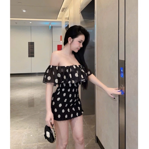 Đầm voan tơ trễ vai bèo nhún bo chun ôm body Hum Fashion