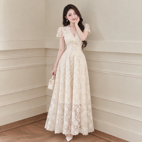 Đầm váy nữ ren ngắn tay cổ chữ V dáng dài xòe xinh xắn có lớp lót mềm mịn đi tiệc Mochi Trend