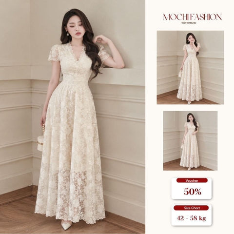 Đầm váy nữ ren ngắn tay cổ chữ V dáng dài xòe xinh xắn có lớp lót mềm mịn đi tiệc Mochi Trend