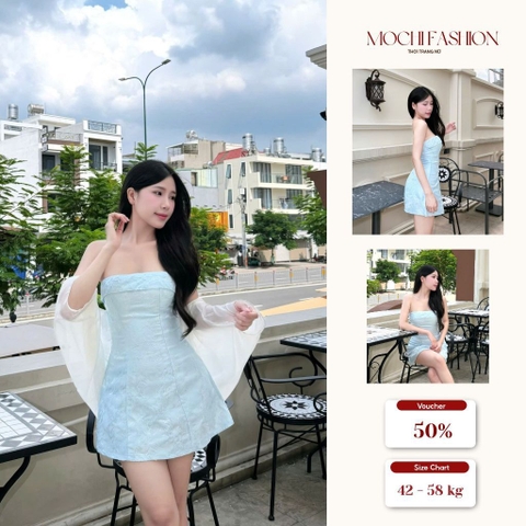 Váy cúp ngực thêu hoa màu xanh tiffany phối áo khoác tơ nhẹ nhàng xinh xắn đi chơi dạo phố Mochi Trend