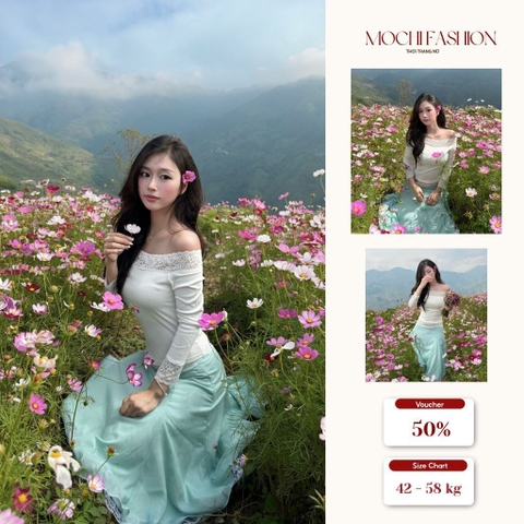 {Deal mở bán VC 50K} Set bộ nữ Áo trễ vai phối ren mix chân váy xanh tiffany nhẹ nhàng, tôn dáng Mochi Trend BST mới
