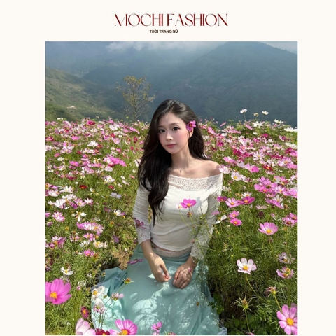 {Deal mở bán VC 50K} Set bộ nữ Áo trễ vai phối ren mix chân váy xanh tiffany nhẹ nhàng, tôn dáng Mochi Trend BST mới