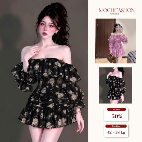 Vãy nữ trễ vai hoạ tiết hoa thêu nổi sang chảnh, váy nữ chất tơ có lớp lót đi chơi đi tiệc Mochi Trend