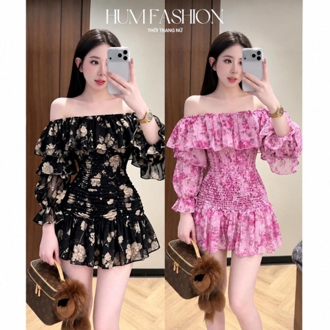 Đầm voan tơ trễ vai bèo nhún hoa vintage bo chun eo tay lỡ bồng Hum Fashion
