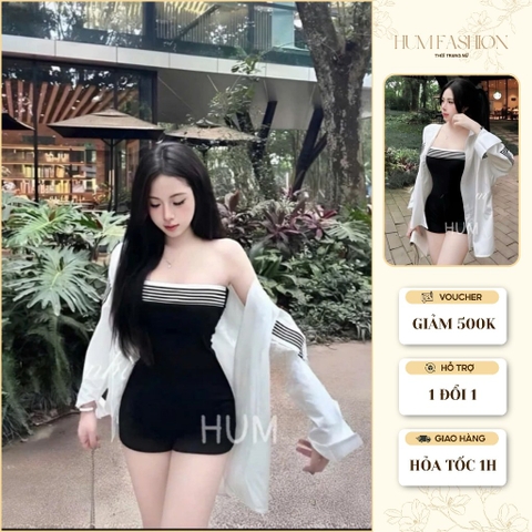 Sét 2 món váy cúp ngực viền kẻ kèm áo khoác bên ngoài sang chảnh năng động