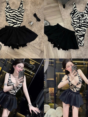 Sét đồ nữ hotrend áo bodysuit vằn ngựa khoét lỗ mix chân váy xòe chất liệu thun mềm mại và mango phong cách hiện đại