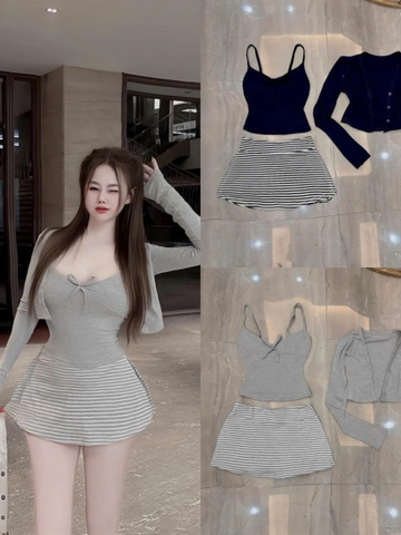 Sét đồ nữ 3 món chân váy sọc kẻ áo thun 2 dây kèm áo khoác chất liệu thun cotton co giãn có lót và mút thời trang cho nữ