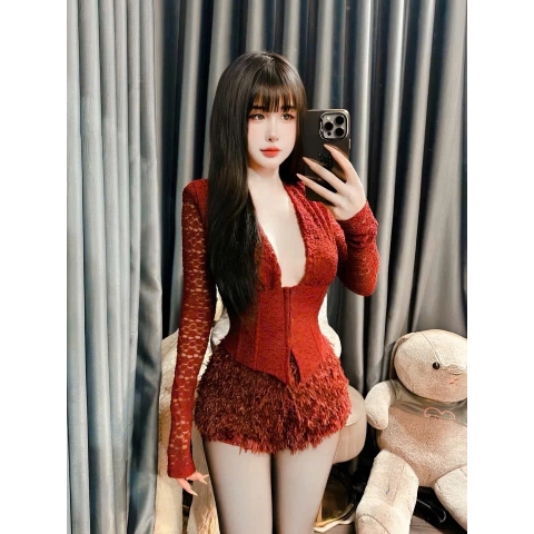 Sét đồ nữ giáng sinh váy lông ngỗng áo ren cổ chữ V tay dài, bộ đô