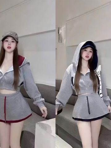 Sét bộ nĩ hoodie croptop phối viền kèm chân váy_dáng thể thao đi chơi dạo phố chất liệu da cá thoải mái và mát mẻ