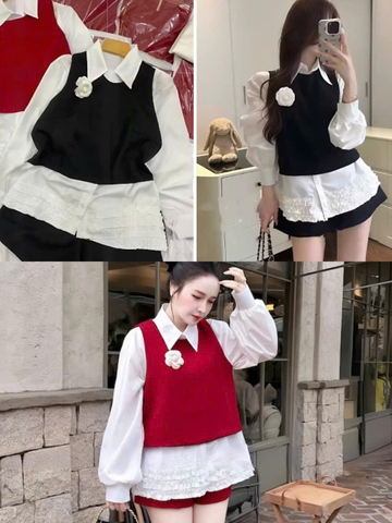 Sét đồ nữ thu đông 3 món áo sơ mi bèo lai kèm áo gile đính hoa trà mix quần short thời trang nữ