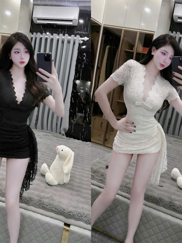 Sét bộ ren nữ thiết kế áo cổ chữ V đính nơ tay ngắn chân váy ôm body tà bèo chất liệu ren hoạ tiết hoa co giãn thoải mái