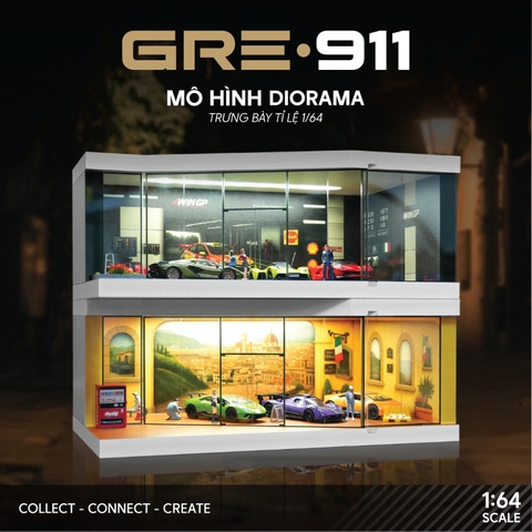 Mô hình Diorama 1:64 Garage Đường Đua Set 3 Có Đèn LED - Mica Chống Bụi GRE911LED-41