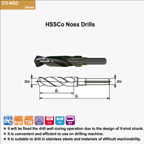 Mũi khoan Trụ Đầu Mũi Chạy Inox HSSCo HSSCO-TiN CO-NSD