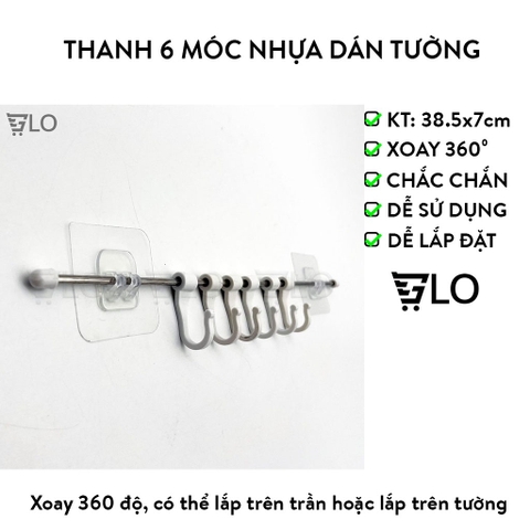 Thanh 6 Móc Nhựa Dán Tường 38.5x7cm Xoay 360 Độ – Tiện Lợi Mọi Không Gian, Đáp Ứng Mọi Nhu Cầu