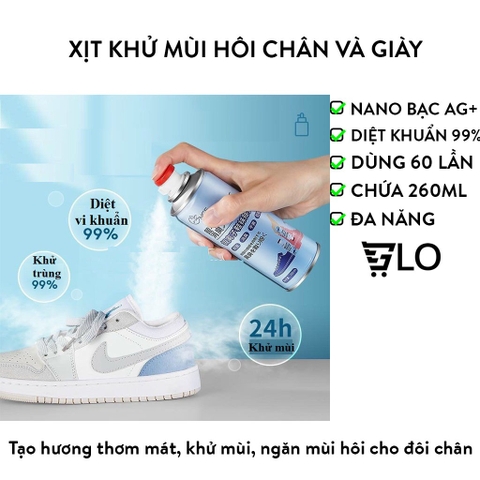 Bình Xịt Khử Mùi Giày 260ml Công Nghệ Bạc AG+, Chống Hôi Chân, Ngăn Mồ Hôi, Diệt Khuẩn, Hiệu Quả Đến 24h