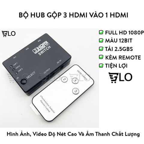 Bộ Hub Gộp 3 HDMI Vào 1 HDMI Có Remote, 3 Đầu Vào 1 Đầu Ra HDMI Full HD 1080p Cho Xbox PS4 DVD HDTV PC Laptop
