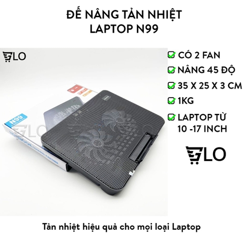 Đế Nâng Tản Nhiệt Laptop Cooling Pad N99, 2 Quạt, Đèn Led, Có Nấc Nâng Lên Hạ Xuống Cho Laptop Từ 10-17 Inch