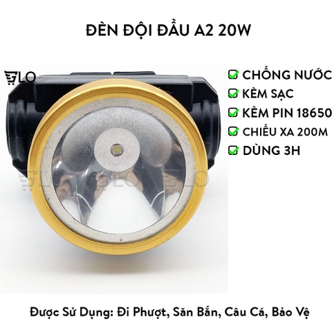 Đèn Đội Đầu A2 20w Chống Nước Tặng Kèm Pin Sạc 18650 + Bộ Sạc