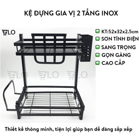 Kệ Đựng Gia Vị 2 Tầng Inox Kích thước 52x32x2.5cm Phủ Sơn Tĩnh Điện Mẫu Mới Để Bàn Cao Cấp