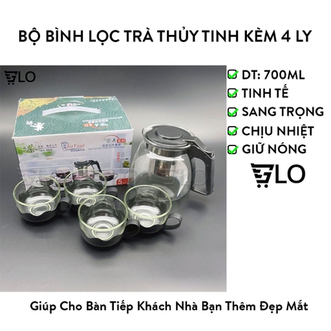 Bộ Bình Lọc Trà 700ml Thủy Tinh Kèm 4 Ly Tiện Dụng