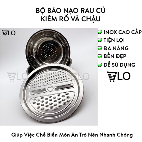 Bộ Bào Nạo Rau Củ Kiêm Rổ Và Chậu Inox Cao Cấp Đa Năng