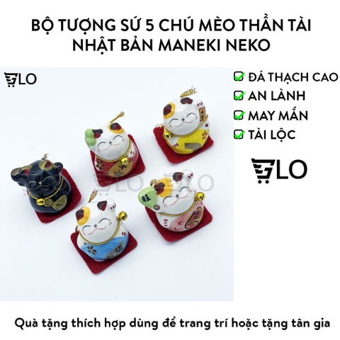 Bộ Tượng Sứ 5 Chú Mèo Thần Tài Nhật Bản Maneki Neko Mini May Mắn