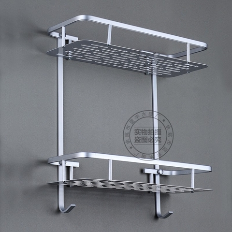 Kệ Nhà Tắm 2 Tầng Có 2 Móc Bằng Nhôm, Cố Định Vào Tường Bằng Ốc Vít