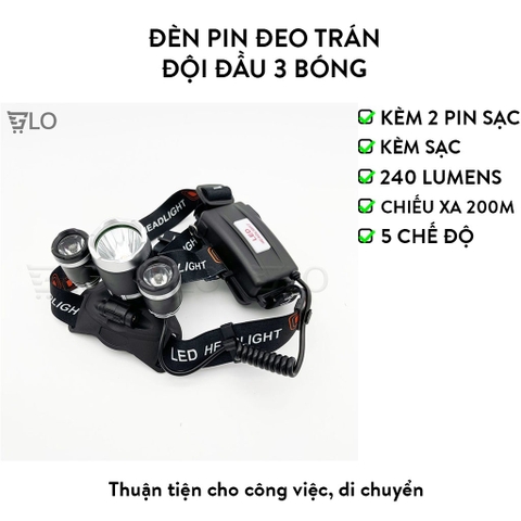 Đèn Pin Đeo Trán Đội Đầu 3 Bóng + 2 Pin Sạc + 1 Cục Sạc
