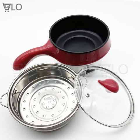 Ca Nấu Mì Có Lồng Hấp - Tay Cầm Ngang, Nấu Nước, Luộc Trứng Đa Năng Size 18cm
