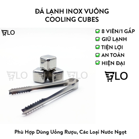Hộp 8 Viên Đá Lạnh Inox Hình Vuông Không Tan Cooling Cubes Kèm 1 Gắp