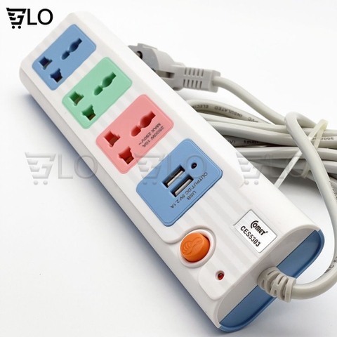 Ổ Cắm Điện Comet CES5303 Nối Dài 3m 3 Lỗ 2 Cổng USB